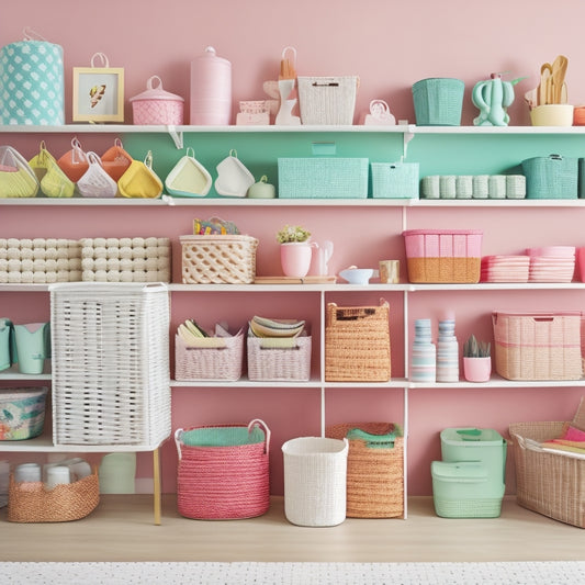 A vibrant, clutter-free room with a mix of pastel-hued storage bins, woven baskets, and sleek shelves, showcasing a variety of colorful Daiso products in a harmonious, organized space.