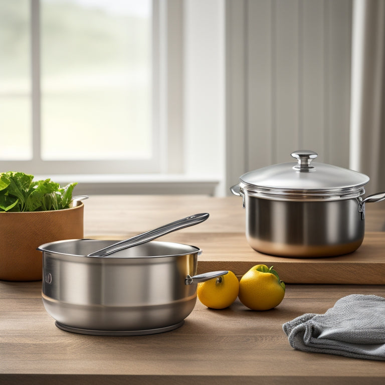 A tidy kitchen countertop with a stainless steel utensil holder, a few strategically placed lids on a wooden lid rack, and a single, gleaming pot with a lid resting on its rim.