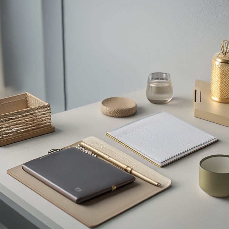 A minimalist, modern desk with a few, carefully arranged organizers, including a wooden pen holder, a wire mesh tray, and a small, leather-bound planner, against a soft, creamy background.