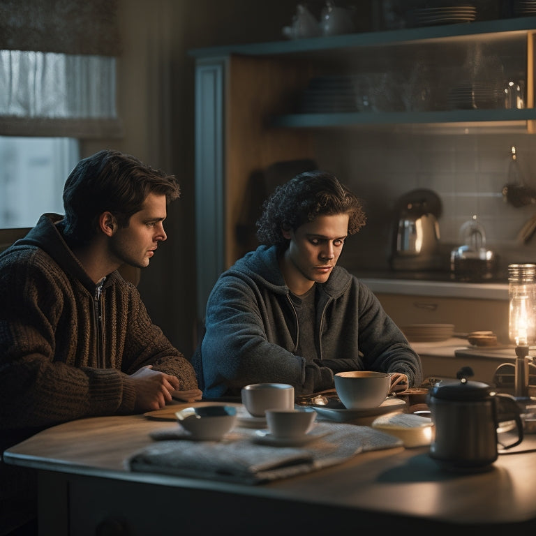 A warm, dimly lit kitchen scene at dawn: a teenager sips coffee, surrounded by scattered textbooks and a laptop, while a gentle, knowing parental figure in the background subtly gestures guidance.