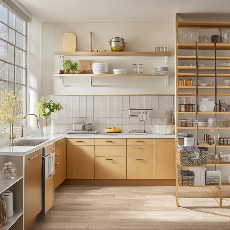 A tidy, modern kitchen with floor-to-ceiling shelves, ladder, and cookbook-filled cubbies in a warm, honey-colored wood tone, surrounded by sleek, white countertops and stainless steel appliances.