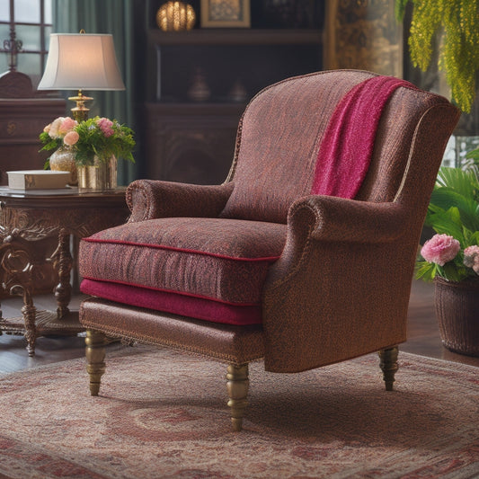 A warm, inviting living room with a golden lift chair centered, adorned with plush cushions and ornate wooden armrests, surrounded by complementary throw pillows and a subtle floral patterned rug.