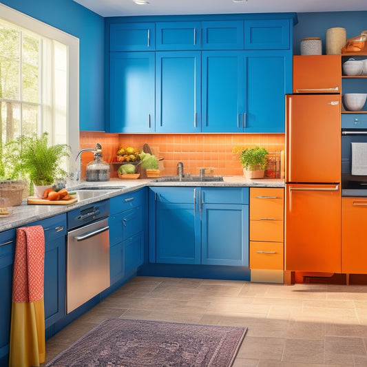 A bright, modern kitchen with a corner sink area, featuring a pull-out trash can, a slide-out spice rack, and a pedestal with storage baskets, surrounded by sleek countertops and cabinets.