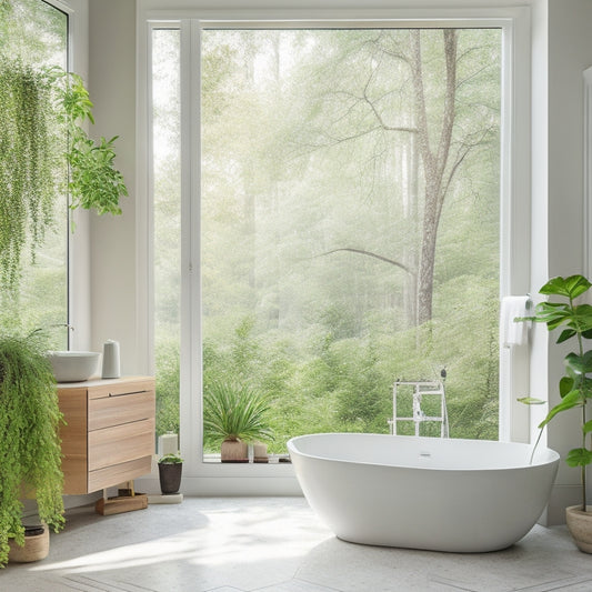 A serene, modern bathroom with white marble countertops, a freestanding tub, and a large, rainfall showerhead, surrounded by lush greenery and warm, natural lighting.