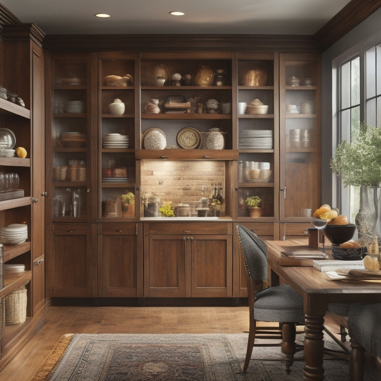 A warm, well-lit kitchen with rich wood tones, featuring a floor-to-ceiling cabinet with glass doors, filled with cookbooks of varying sizes, colors, and thicknesses, arranged artfully on adjustable shelves.