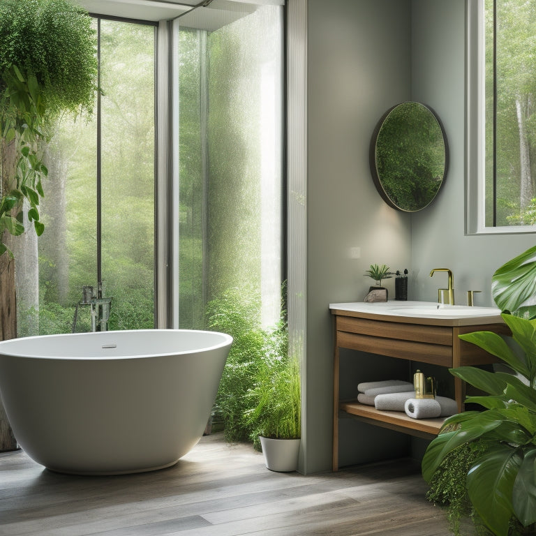 A serene bathroom scene with a freestanding tub, surrounded by lush greenery, a modern rainfall showerhead, and a sleek, wall-mounted vanity with a large, round mirror.