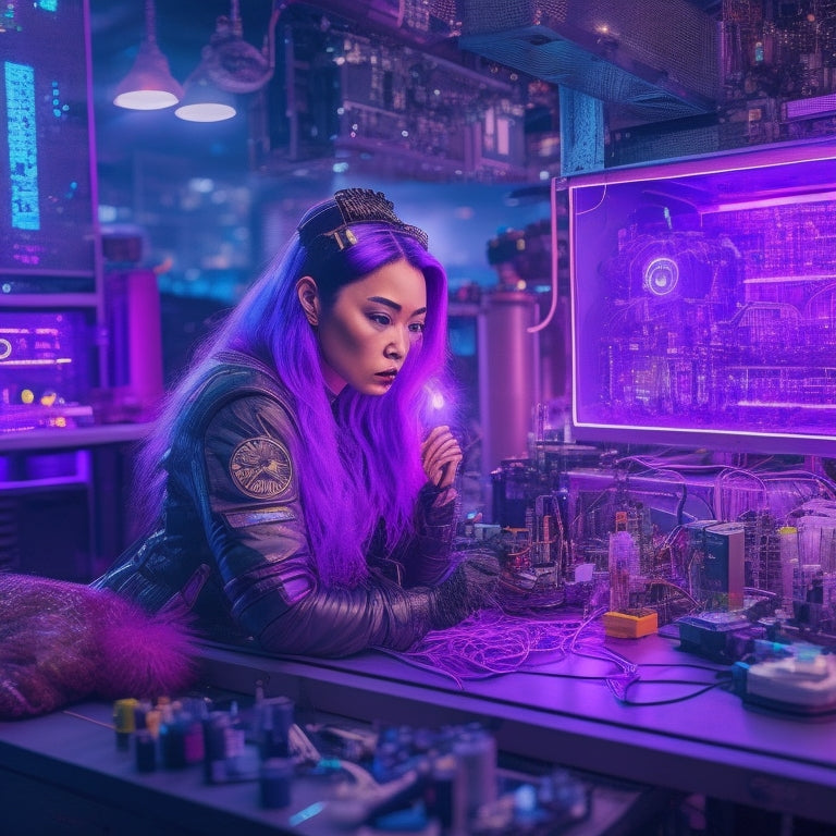 A futuristic laboratory scene with Bunnie Huang's signature purple hair, surrounded by variousPrecursor prototypes, motherboards, and wires, with a cityscape and neon lights reflecting off the workbench.