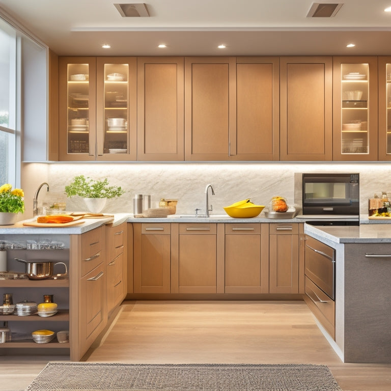 A modern kitchen with sleek countertops, illuminated by soft overhead lighting, featuring a wall of floor-to-ceiling cabinets with retractable doors, pull-out drawers, and a built-in spice rack, surrounded by organized cookware and utensils.