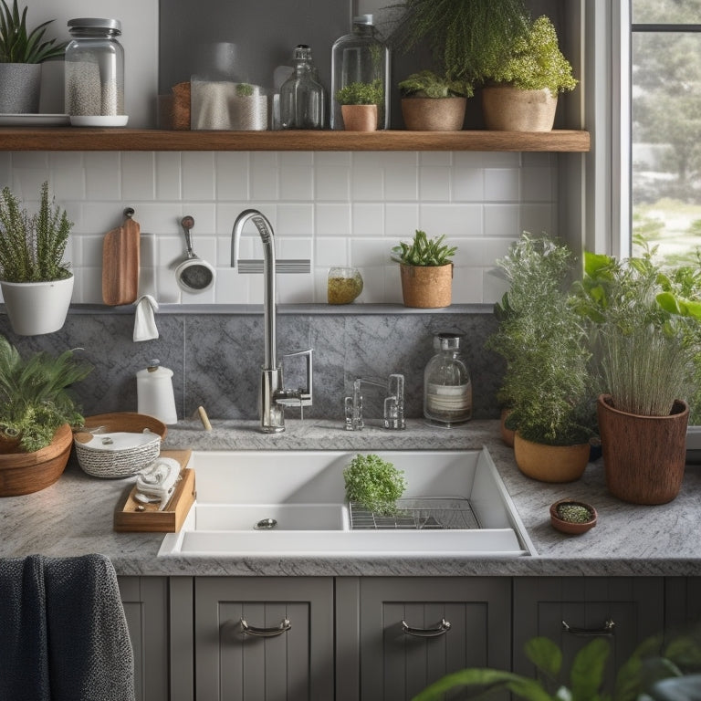 A tidy, modern kitchen sink area with Ravinte's under-sink organizer installed, showcasing various stored items like soap, sponges, and cleaning supplies, alongside a few decorative plants.