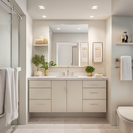 A modern bathroom with sleek, white cabinets, featuring a custom slide-out shelf with rolled towels and toiletries, surrounded by warm lighting and a large, frameless mirror.