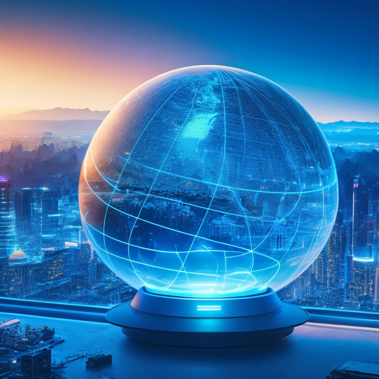 A futuristic globe with glowing blue lines and nodes, surrounded by orbiting laptops, tablets, and smartphones, with a subtle cityscape in the background, illuminated by a warm, golden light.