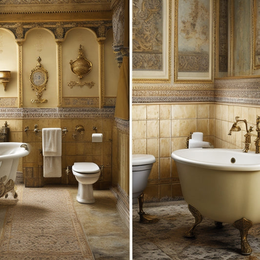 A distressed, cream-colored bathroom wall with peeling vintage blueprints of antique bathtubs, ornate faucets, and decorative tile patterns, surrounded by ornate gold frames and rustic wooden accents.