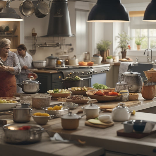 A bustling kitchen scene with a left-handed cook at the center, surrounded by cleverly arranged utensils, ingredients, and appliances, showcasing efficient workflow and clever hacks for a seamless cooking experience.