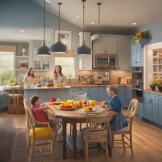 An open-plan kitchen with a large central island, double sink, and ample counter space, surrounded by a busy family of six, with multiple cooking stations and a walk-in pantry in the background.