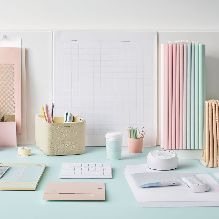 A tidy, minimalist workspace with various stick-on organizers in pastel colors, holding office supplies, papers, and cords, against a clean white background, with soft, natural light.