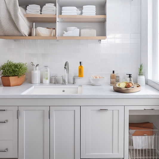 A tidy, modern sink area with a stainless steel sink, white quartz countertops, and a wall-mounted cabinet filled with organized storage bins, baskets, and dividers from The Container Store.