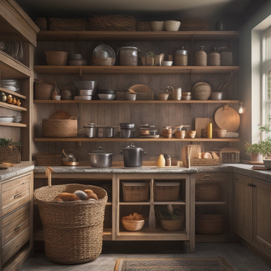 A cozy, well-lit kitchen corner with a mix of open shelves, baskets, and a carousel storage unit, showcasing a variety of kitchen utensils, cookbooks, and dinnerware.