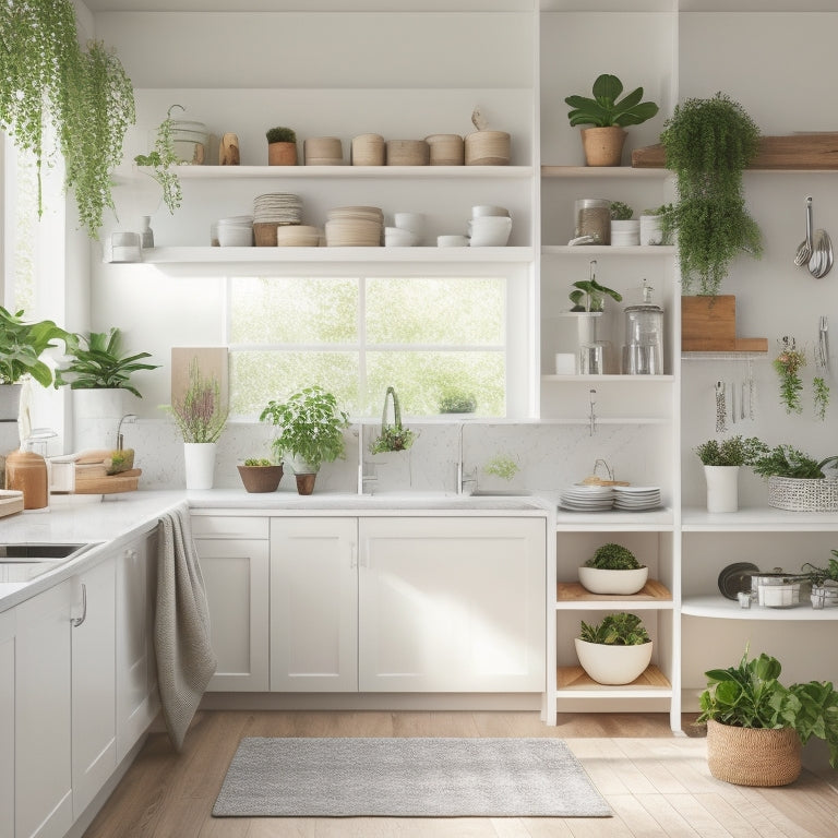 A bright, modern kitchen with sleek, white cabinets, featuring pull-out shelves, adjustable dividers, and a pegboard with hanging utensils, surrounded by warm, natural light and a few potted plants.