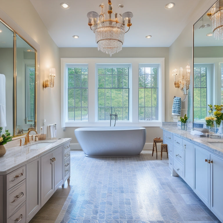 A bright, modern bathroom with a freestanding tub, double sink vanity, and large walk-in shower featuring sleek glass doors, marble floors, and a stunning chandelier hanging from the vaulted ceiling.