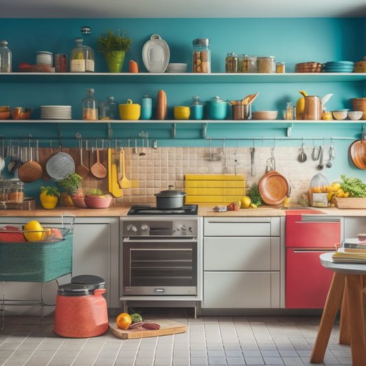 A tidy, modern kitchen with a few strategically-placed, colorful kitchen utensils and cookbooks on a clean countertop, surrounded by empty shelves and a sparkling, clutter-free floor.