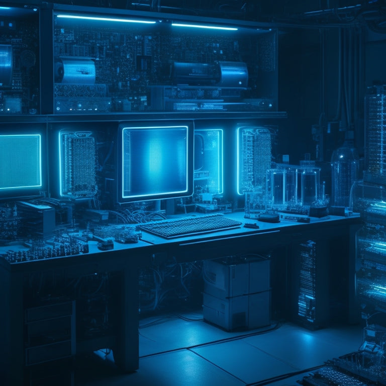 A futuristic, dimly lit laboratory with a sprawling, intricately wired motherboard at its center, surrounded by CPUs, GPUs, RAM sticks, and other components, bathed in soft blue and green LED lights.