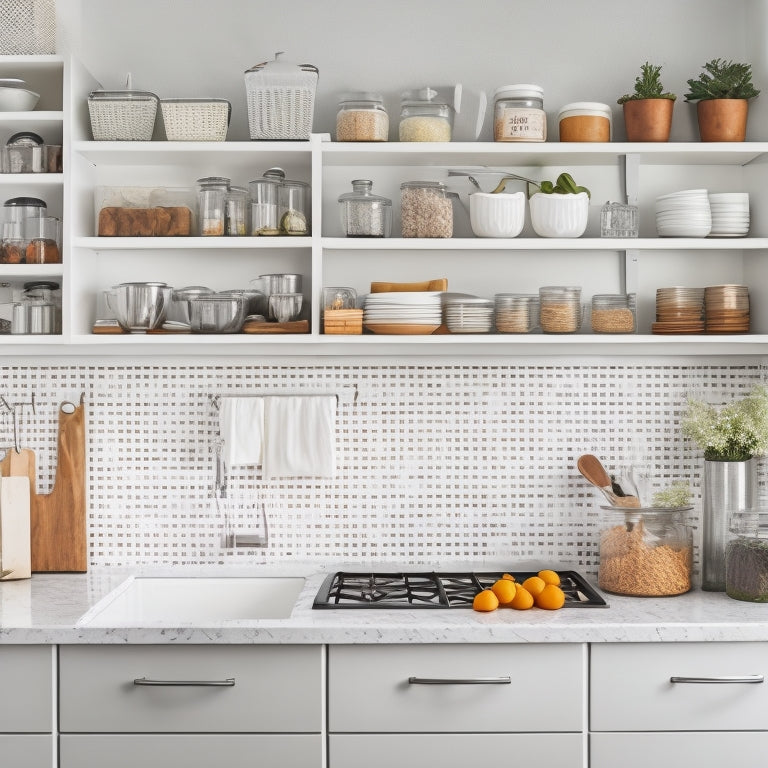 A bright, modern kitchen with sleek white cabinets, stainless steel appliances, and quartz countertops, featuring a utensil pegboard, spice rack, and baskets filled with organized cookware and ingredients.