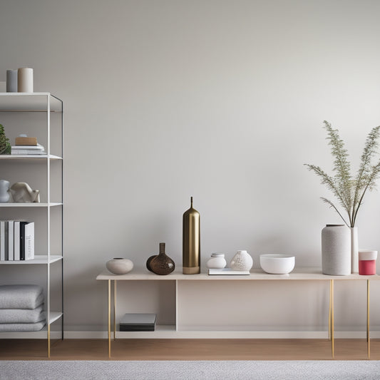 A minimalist, modern living room with sleek shelves, a tidy desk, and a few carefully placed decorative objects, surrounded by a subtle background of soft, calming colors.