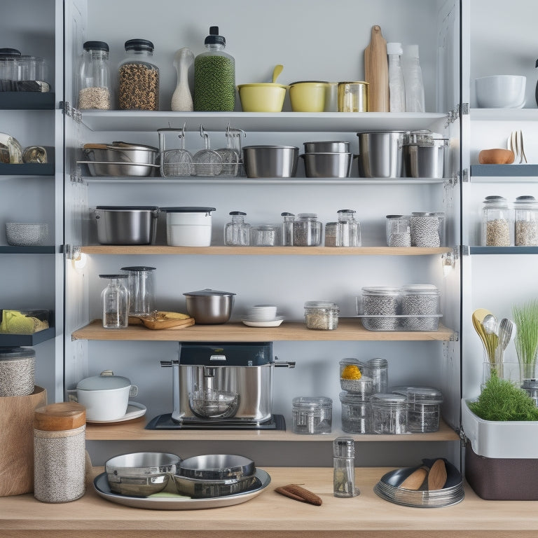 A bright, modern kitchen with sleek countertops, featuring a utensil organizer with dividers, a spice rack, and a built-in knife block, surrounded by neatly arranged jars and containers.