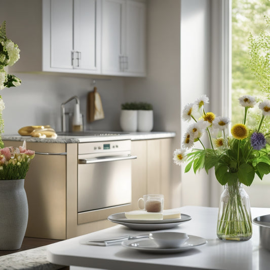 A serene kitchen scene: a few, strategically-placed, sleek appliances on a vast, uncluttered countertop, with a single, delicate vase holding a few fresh flowers, against a warm, natural light background.