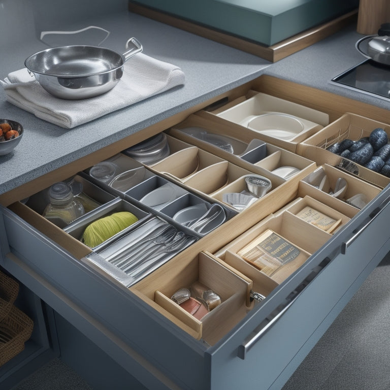 A serene kitchen drawer with soft, warm lighting, featuring a custom organizer system with divided compartments, utensil slots, and a pull-out tray, surrounded by tidy stacks of plates and cookbooks.