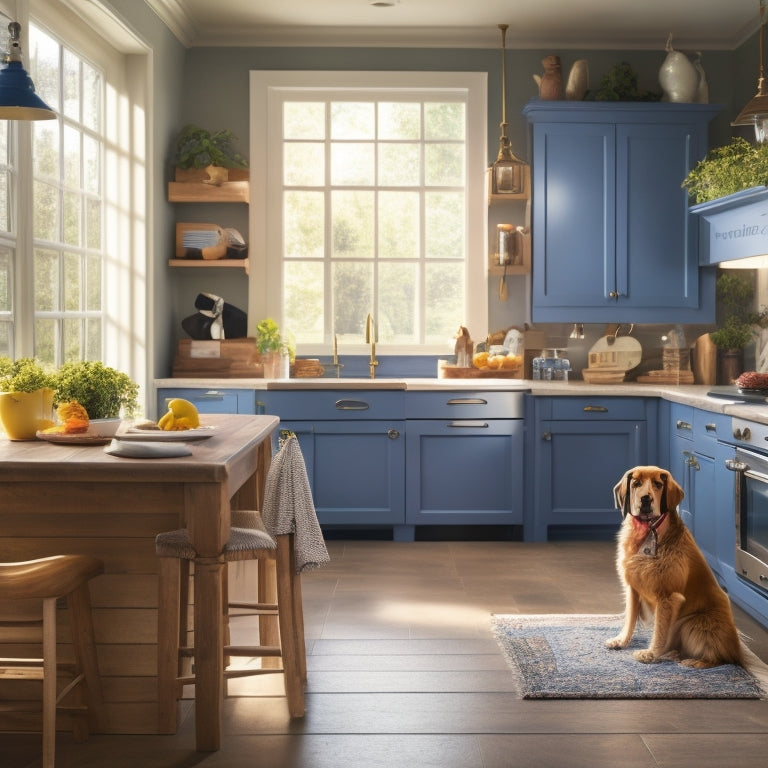 A warm and inviting kitchen with dog beds and toys tucked beneath a large island, surrounded by pet-friendly flooring, cabinets with built-in pet stations, and a cat tower near a sunny window.