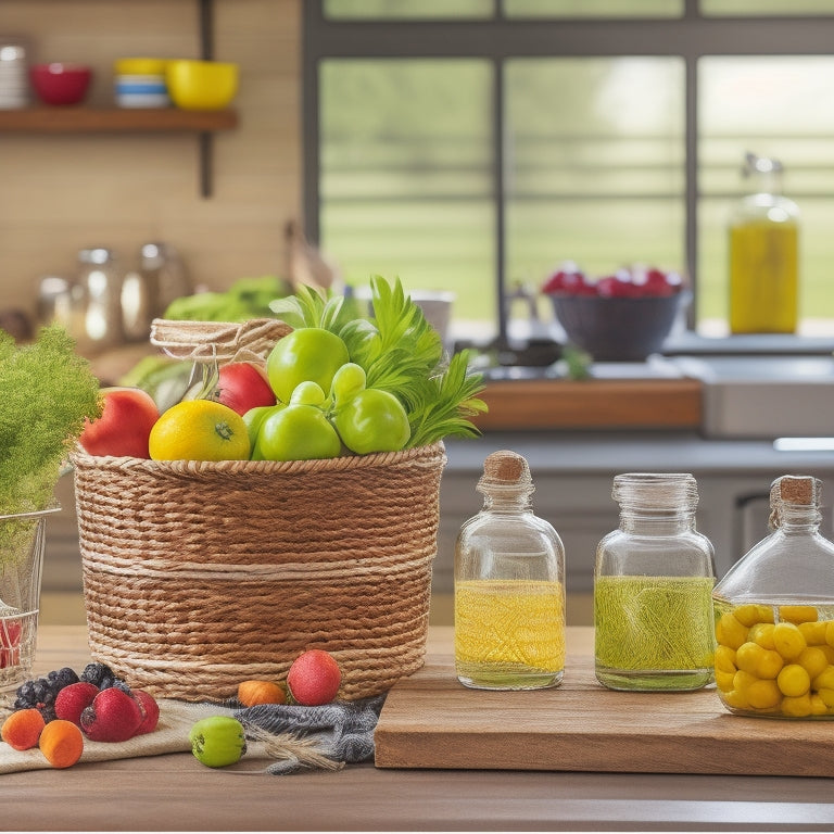 A colorful and organized kitchen countertop with a few clear glass containers, a wire basket filled with fresh fruits, and a few bunches of fresh herbs tied with twine, against a light wooden background.