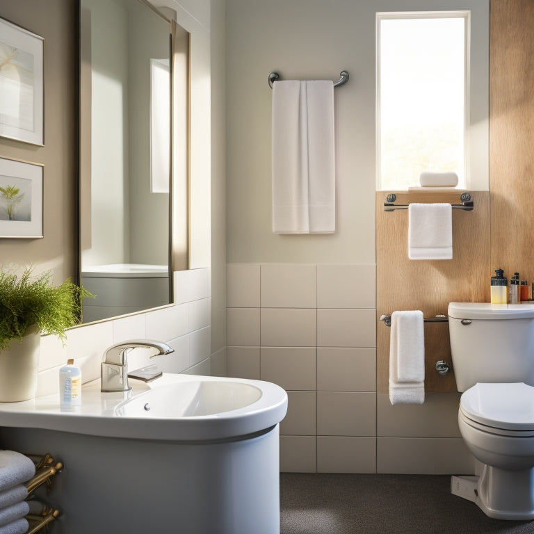 A modern, well-lit bathroom with a sleek white sink, a large mirror, and a few strategically placed essential supplies like a toilet brush, soap dispenser, and a roll of toilet paper on a decorative tray.