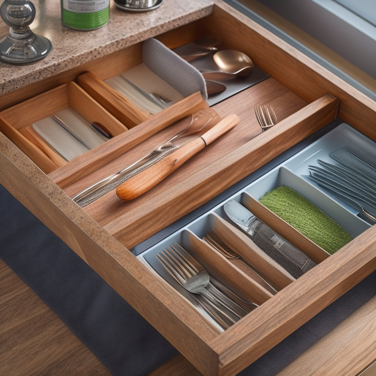 A tidy kitchen drawer with multiple compartments, utensil organizers, and a silverware tray, showcasing a harmonious blend of wood and metal textures, with a soft, warm lighting effect.