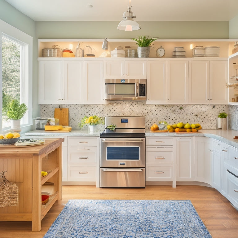 A bright, modern kitchen with sleek white cabinets, stainless steel appliances, and a large island with built-in drawers, featuring a pegboard with hanging utensils and a few baskets.