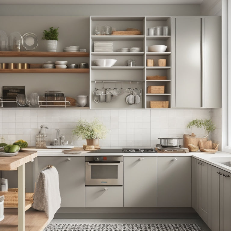 A modern kitchen with sleek, minimalist cabinets, featuring a pull-out pantry with labeled baskets, a built-in utensil organizer, and a wall-mounted pot rack with gleaming cookware.