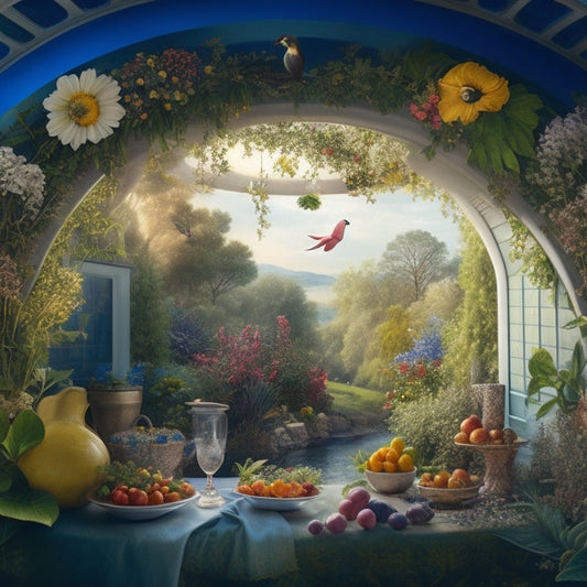 A whimsical illustration of a kitchen ceiling transforming into a lush, vibrant garden with vines, flowers, and birds, as if the hidden potential above is bursting forth in a fantastical scene.