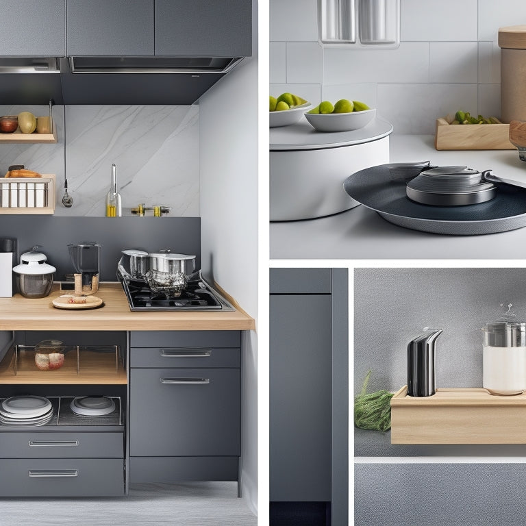 A sleek, modern kitchen with various lid storage solutions: a pull-out drawer with stacked lids, a wall-mounted rack with hanging lids, and a countertop turntable with lids of different shapes and sizes.