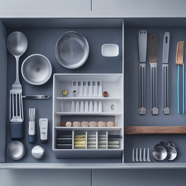 A minimalist, well-lit kitchen drawer filled with neatly arranged utensils, including a stack of nested silicone spatulas, a row of chrome vegetable peelers, and a small tray of organized kitchen gadgets.