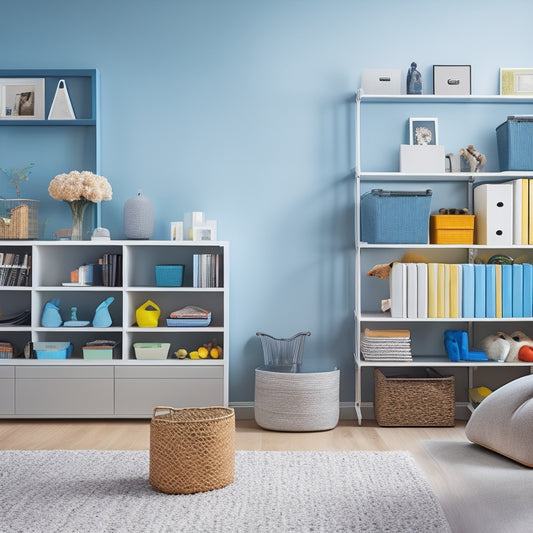 A clean and modern living room with a modular shelving system, featuring interchangeable baskets and bins in various shapes, sizes, and colors, with a few toys, books, and cleaning supplies neatly organized.