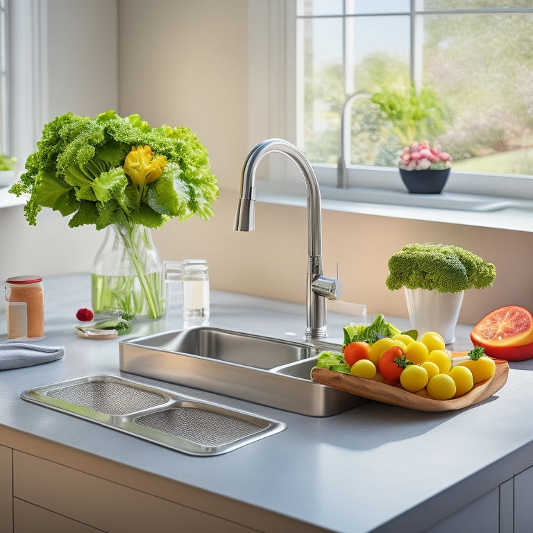 A kitchen sink with a stainless steel organizer tray, containing a soap dispenser, sponge, and scrubber, surrounded by gleaming countertops and a few fresh vegetables, with a subtle background of warm natural light.