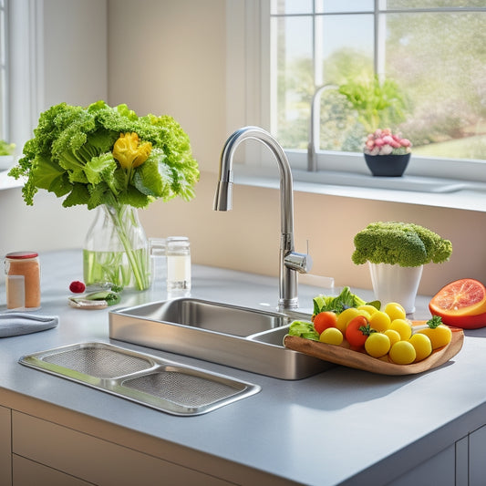 A kitchen sink with a stainless steel organizer tray, containing a soap dispenser, sponge, and scrubber, surrounded by gleaming countertops and a few fresh vegetables, with a subtle background of warm natural light.