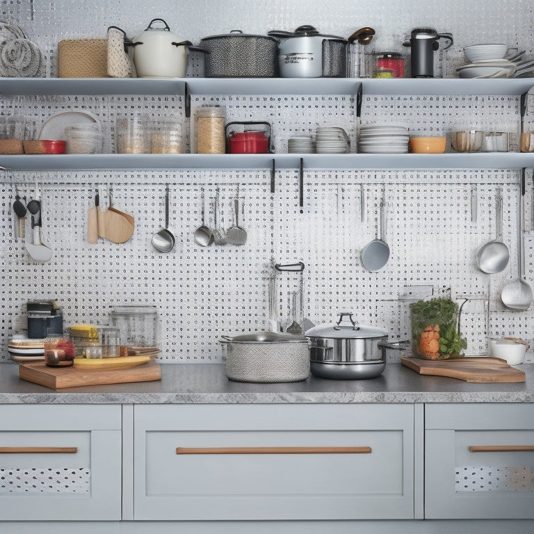 A clutter-free kitchen cabinet with a pegboard backing, adjustable dividers, and stackable pot and pan inserts, featuring a few shiny cookware pieces and utensils neatly organized within.