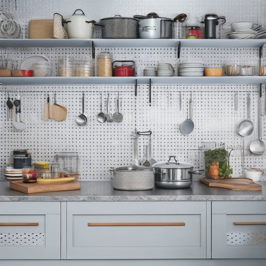 A clutter-free kitchen cabinet with a pegboard backing, adjustable dividers, and stackable pot and pan inserts, featuring a few shiny cookware pieces and utensils neatly organized within.