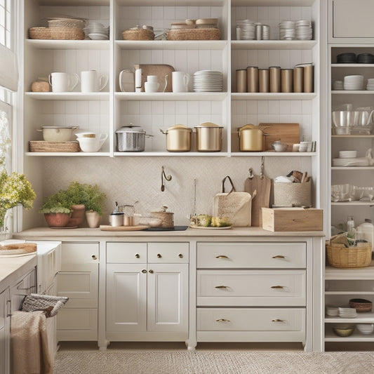 A tidy kitchen with cream-colored cabinets, featuring a combination of adjustable shelves, baskets, and dividers in a mix of wood and metal finishes, with a few cookbooks and kitchen utensils neatly organized.