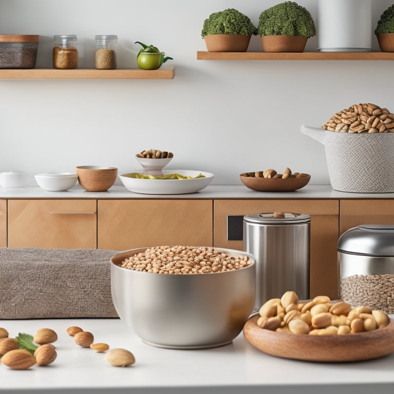 A serene kitchen countertop with a few, strategically placed, sleek storage containers in neutral tones, holding visible keto staples like nuts, seeds, and healthy oils, surrounded by a few fresh vegetables.