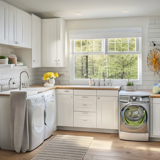 A bright, modern laundry room with sleek, white cabinets, a stainless steel washer and dryer, and a retractable drying rack above a butcher-block countertop, surrounded by soft, natural light.