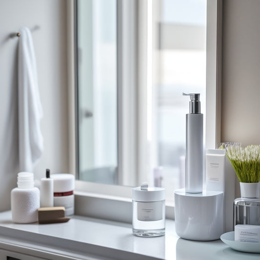 A serene, modern bathroom vanity with a sleek, white U-Shape Organizer installed, holding various skincare products and makeup brushes, surrounded by soft, natural light.