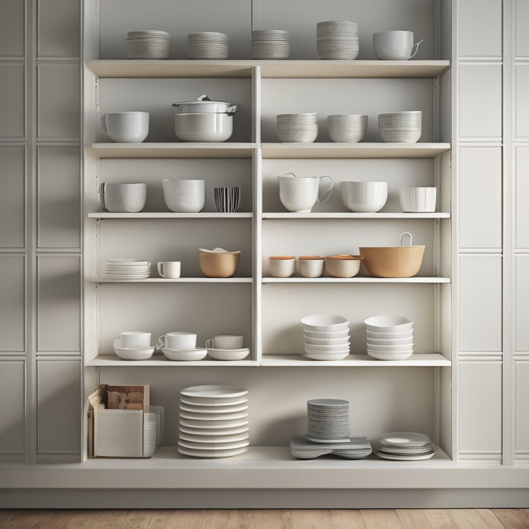 A tidy kitchen cabinet with four stacks of plates, each showcasing a different storage method: vertical dividers, plate racks, hanging organizers, and stacked plate holders, against a light gray background.