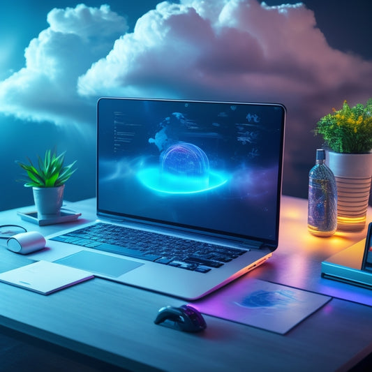 A futuristic desk with a sleek, silver laptop, surrounded by swirling clouds of colorful, glowing notes and diagrams, with a holographic display projecting a 3D mind map in the background.